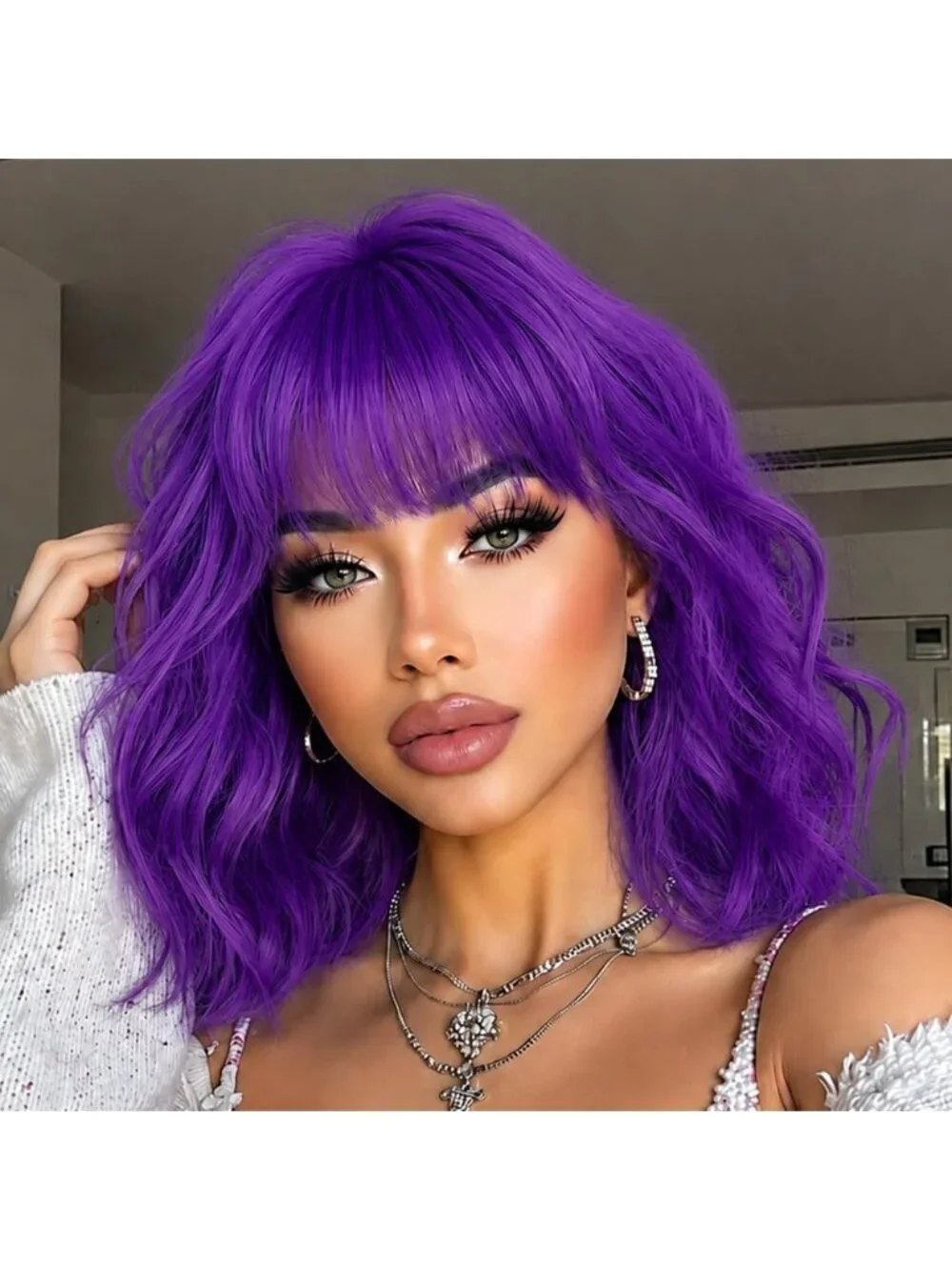 Women's Dark Purple 14 Inch Heat Resistant Short Wavy Hair Pastel Bob Wig Bangs